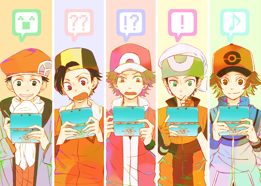 alternate_costume, alternate_headwear, emoticon, gold_(pokemon), gold_(pokemon)_(remake), hat, holding, kouki_(pokemon)