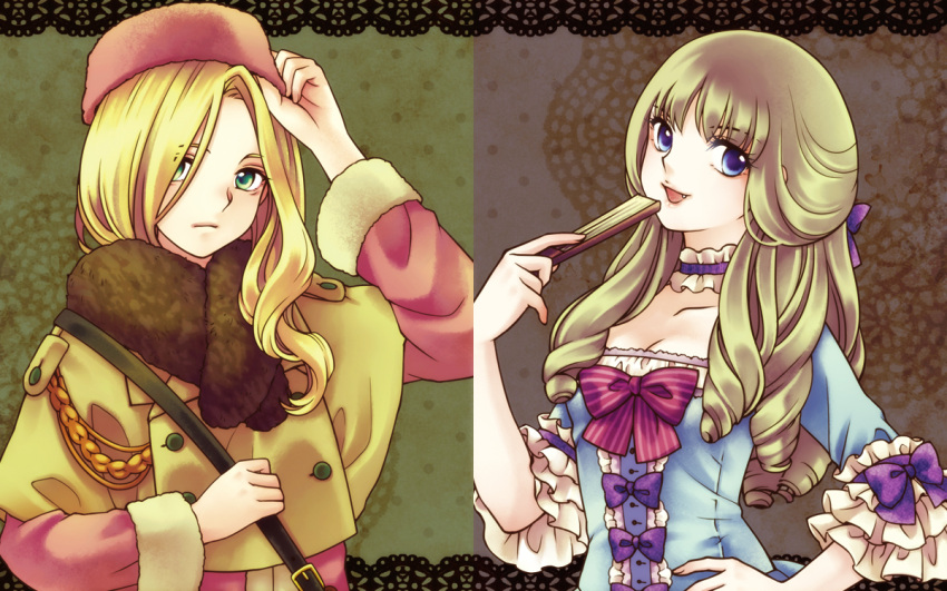 adjusting_hat, bag, blonde_hair, blue_eyes, breasts, brown_hair, cleavage, coat