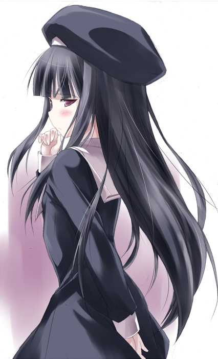 beret, black_hair, blush, dress, flat_chest, hat, long_hair, looking_back