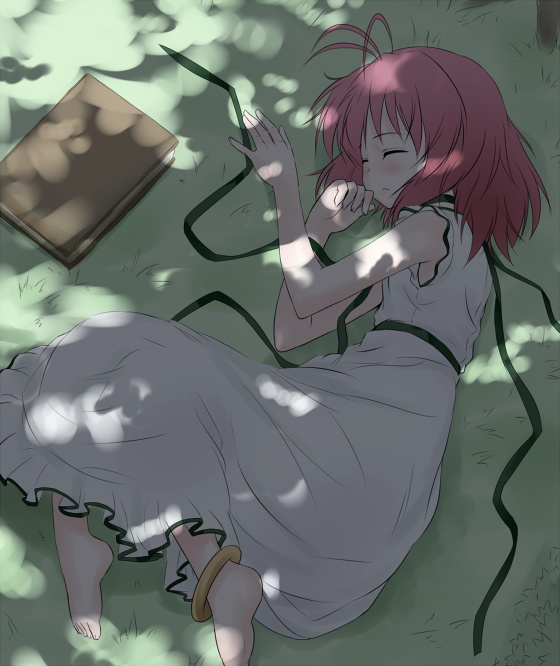 antenna_hair, baby_princess, barefoot, book, dress, feet, fetal_position, fubuki