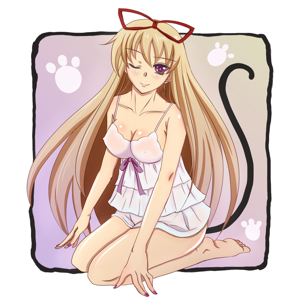 barefoot, blonde_hair, breasts, brown_hair, camisole, cat_tail, cleavage, collarbone