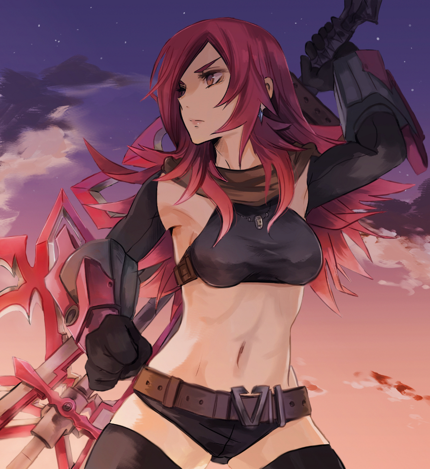 armpits, belt, clenched_hand, cloud, detached_sleeves, earrings, fist, from_below