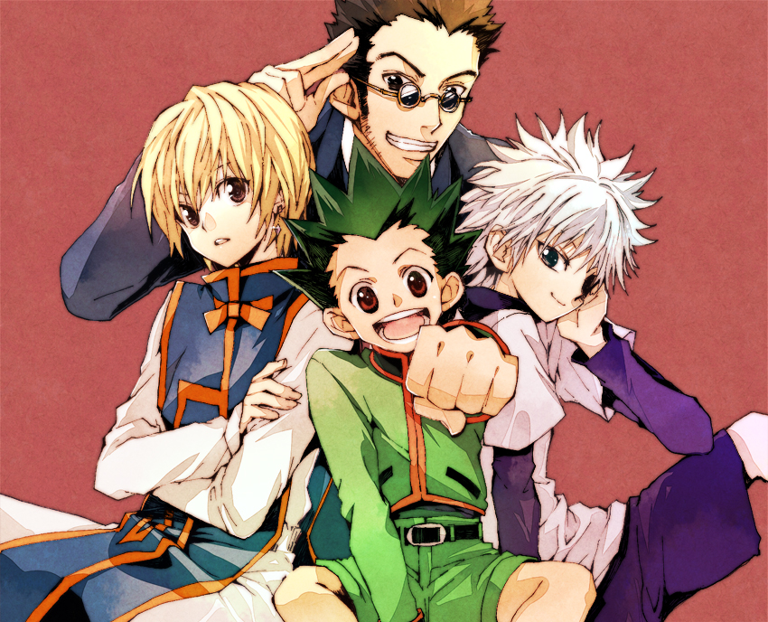 3boys, blonde_hair, brown_hair, chiyo_(rotsurechiriha), glasses, gon_freecss, grin, hunter_x_hunter
