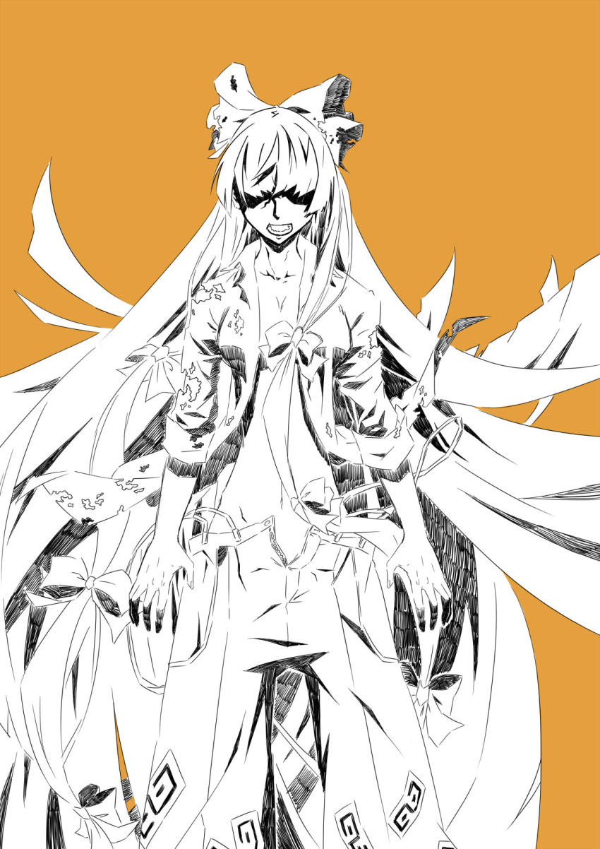 angry, burned_clothes, burnt_clothes, fujiwara_no_mokou, hair_over_eyes, hakutsuki_aoi, highres, long_hair