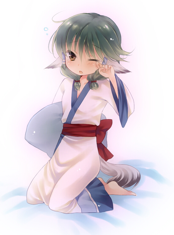 aruruw, barefoot, black_hair, brown_eyes, dog_ears, japanese_clothes, kage_no_utage, kimono