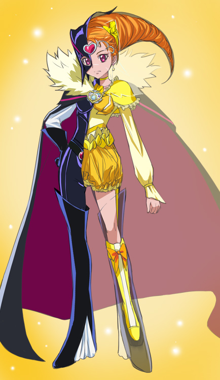 bodysuit, boots, brooch, cape, cure_muse, cure_muse_(black), cure_muse_(yellow), dual_persona