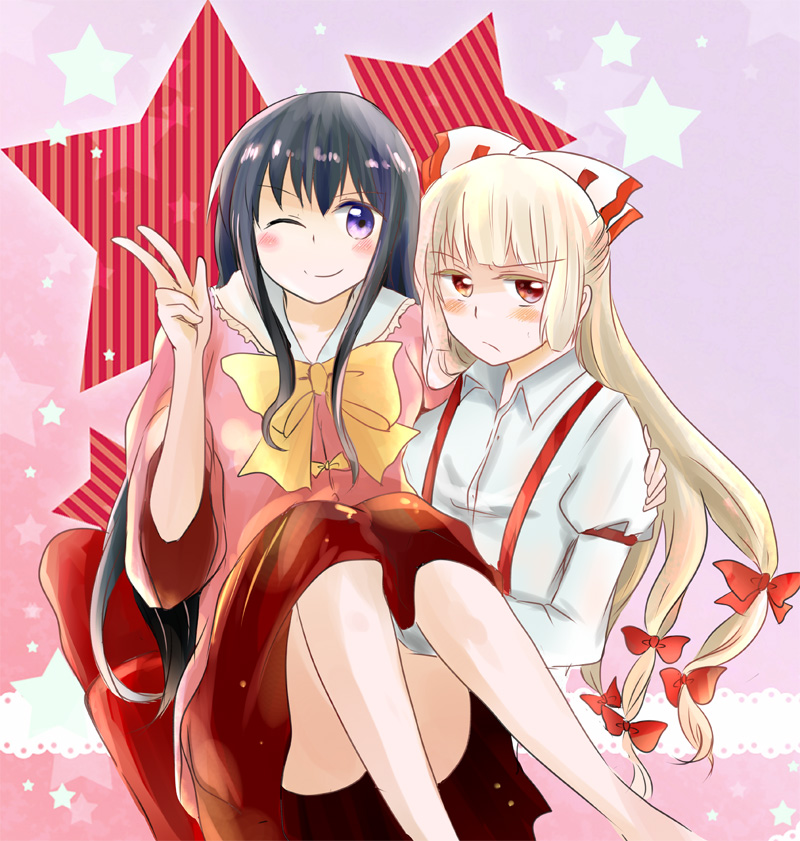 blonde_hair, blush, bowtie, carrying, dress_shirt, fujiwara_no_mokou, holding, houraisan_kaguya