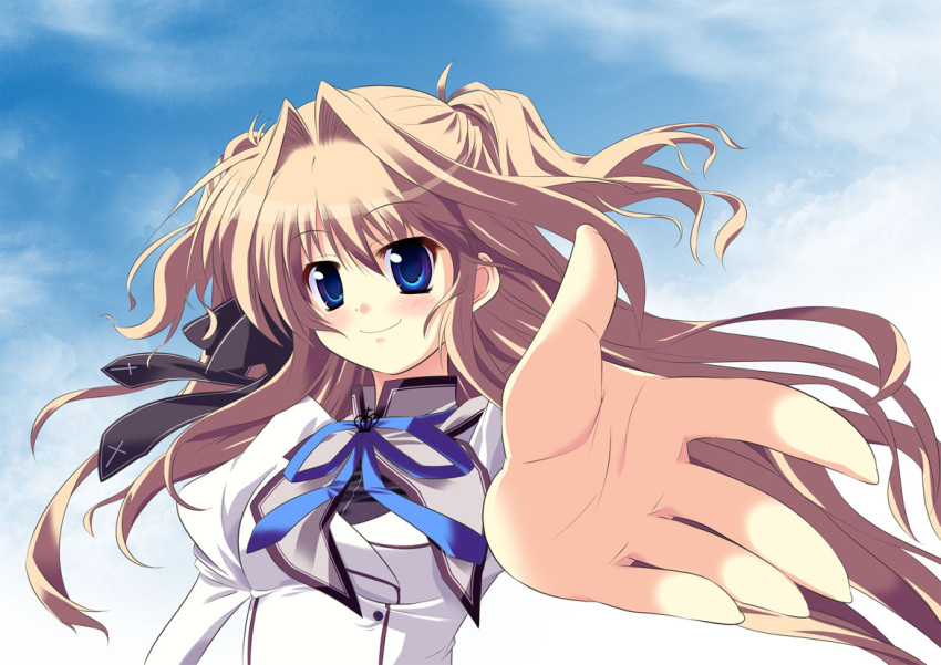 bad_id, blonde_hair, blue_eyes, bow, foreshortening, hair_bow, hair_intakes, hands