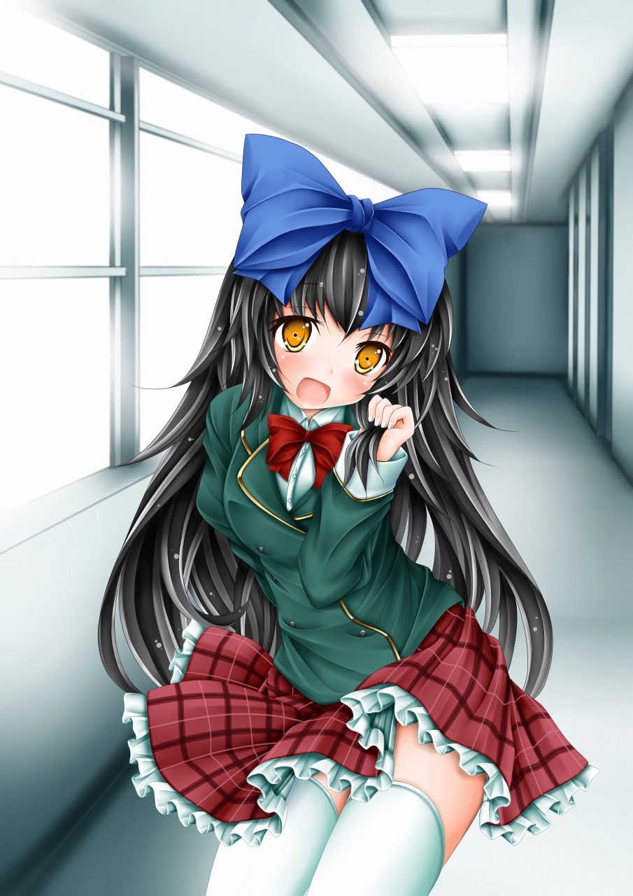 alternate_costume, arm_behind_back, black_hair, blazer, blush, bow, checkered, checkered_skirt