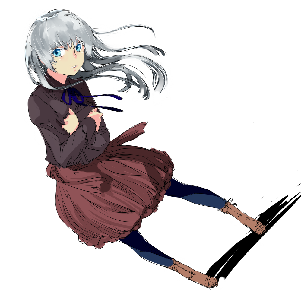 book, dutch_angle, hug, nimirom, original, pantyhose, silver_hair, simple_background