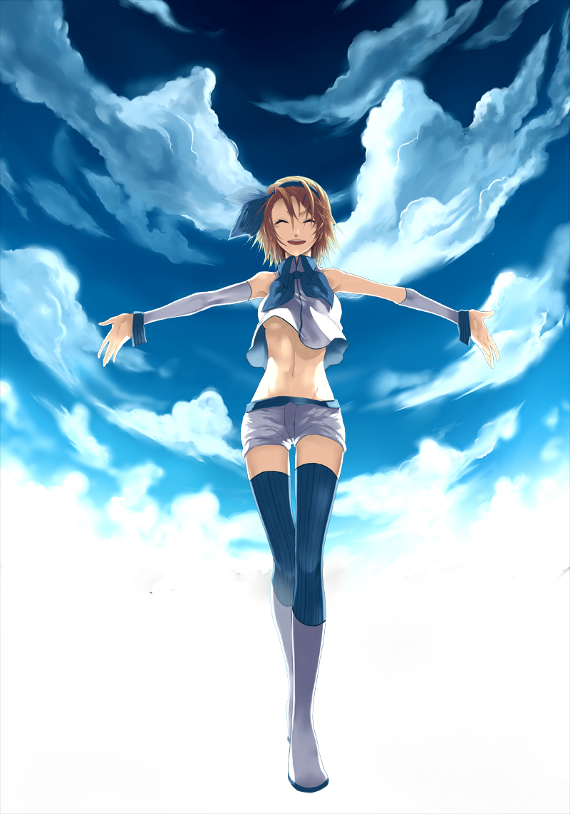 blonde_hair, boots, breasts, closed_eyes, cloud, detached_sleeves, hair_ornament, hair_ribbon