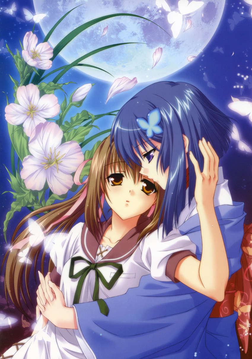 absurdres, akai_ito, black_hair, blue_hair, bow, bows, brown_hair, butterfly