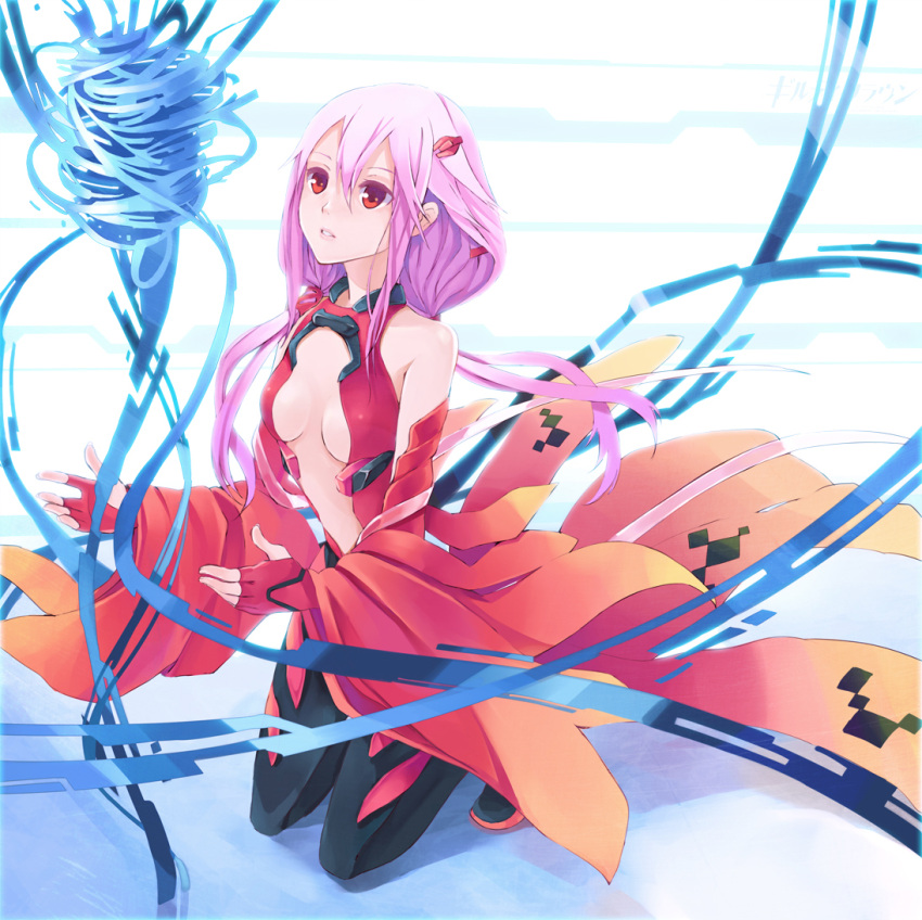 bare_shoulders, breasts, center_opening, cleavage, fingerless_gloves, gloves, guilty_crown, hao_(patinnko), kneeling, long_hair, pink_hair, red_eyes, solo, twintails, void_(guilty_crown), yuzuriha_inori