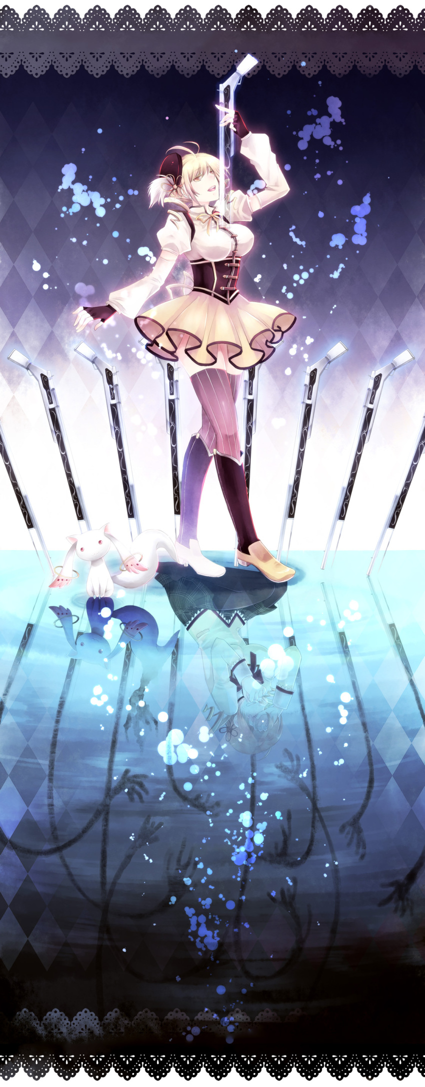 :o, absurdres, antenna_hair, argyle, argyle_background, beret, blonde_hair, boots