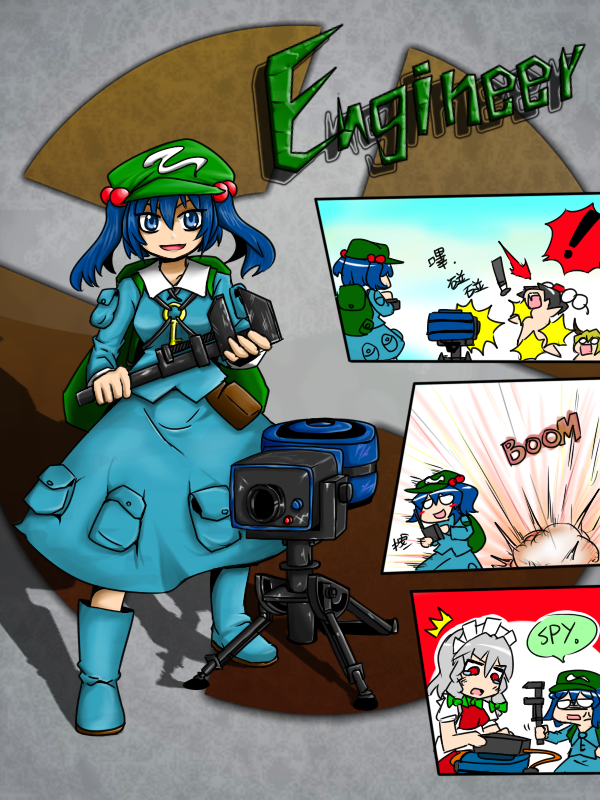 backpack, bag, bloodycat, blue_eyes, blue_hair, blush, boots, bow