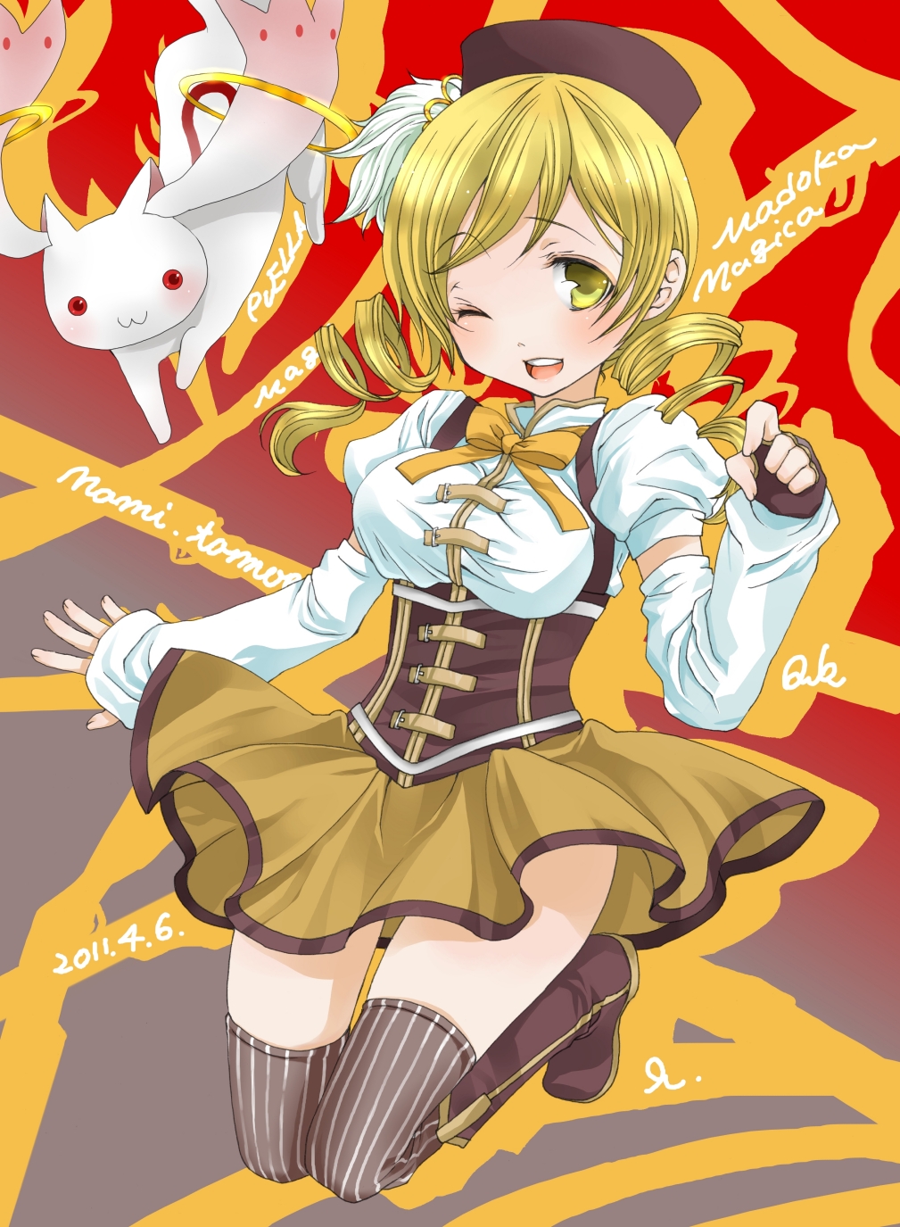 blonde_hair, boots, breasts, drill_hair, gloves, hat, highres, kyubey