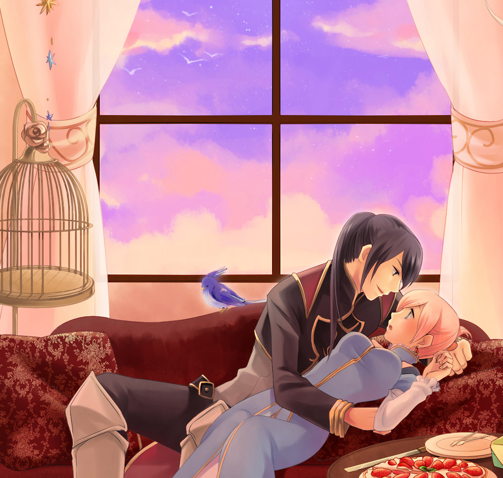 1girl, alternate_costume, alternate_hairstyle, armor, bird, birdcage, black_hair, breasts