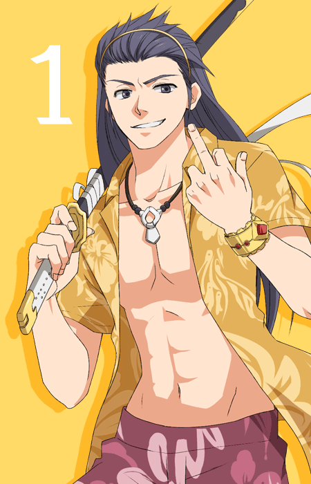 black_eyes, black_hair, bracelet, celestial_s, grin, hairband, jewelry, long_hair