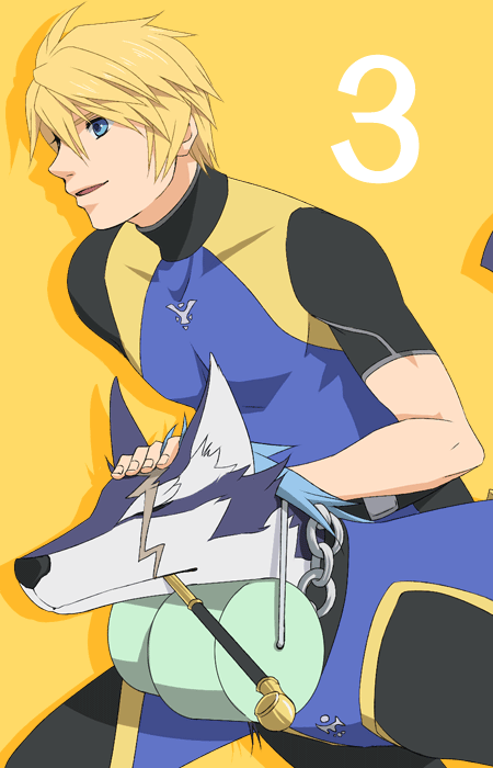 alternate_costume, blonde_hair, blue_eyes, celestial_s, diving_suit, dog, flynn_scifo, male
