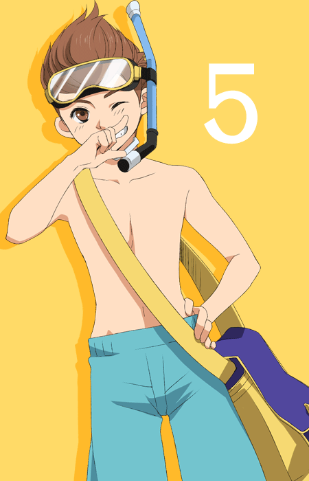 bag, brown_eyes, brown_hair, celestial_s, diving_mask, goggles, goggles_on_head, grin