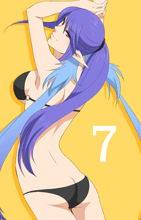armpits, arms_up, back, bad_proportions, bikini, blue_hair, breasts, butt_crack