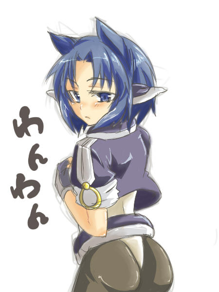 ass, blue_eyes, blue_hair, bodysuit, cat_ears, character_request, kyoukai_senjou_no_horizon, mijinko_(83nabe)