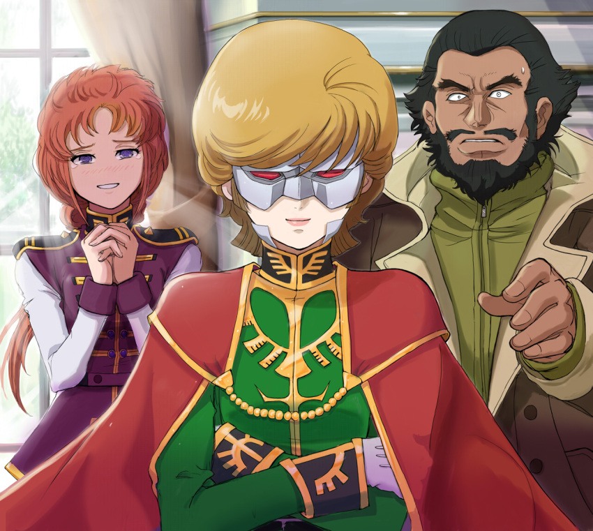 2girls, alternate_costume, audrey_burne, black_hair, blonde_hair, blush, cape, cosplay, crossed_arms, dark_skin, facial_hair, full_frontal, full_frontal_(cosplay), gacha-m, gachamukku, gloves, gundam, gundam_unicorn, hands_clasped, lipstick, makeup, marida_kruz, mask, military, multiple_girls, mustache, orange_hair, purple_eyes, ringed_eyes, short_hair, suberoa_zinnerman, surprised, violet_eyes, white_gloves, zipper