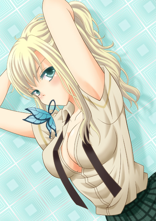 aqua_eyes, arms_up, blonde_hair, blue_eyes, blush, boku_wa_tomodachi_ga_sukunai, breasts, butterfly