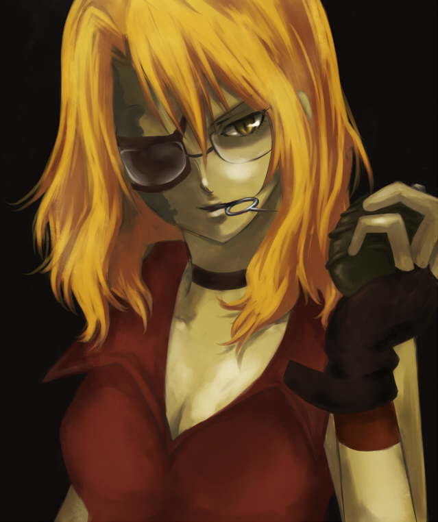bare_shoulders, blonde_hair, breasts, choker, cleavage, explosive, eyepatch, ginnan