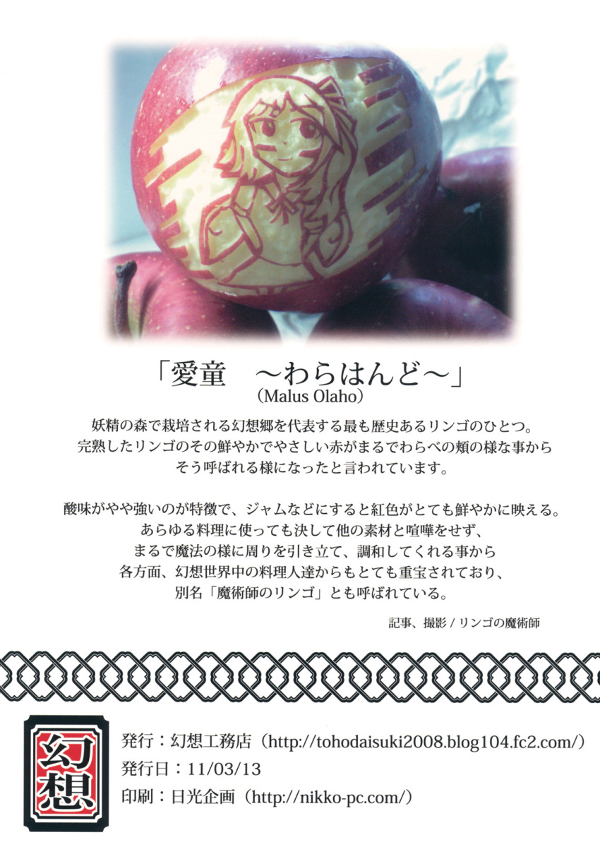 arms_behind_back, carving, collaboration, daiyousei, food, fruit, gensoukoumuten, highres, photo, ringo_no_majutsushi, touhou, translated, translation_request, wings