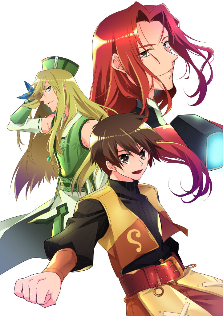 androgynous, belt, blonde_hair, brown_eyes, brown_hair, character_request, clenched_hand, crowe_f._almedio, fist, green_eyes, hat, infinite_undiscovery, jack_russell, kiriya_(infinite_undiscovery), long_hair, male, multiple_boys, radiata_stories, red_hair, redhead, shuragyoku_mami, smile, star_ocean, star_ocean_the_last_hope, yellow_eyes