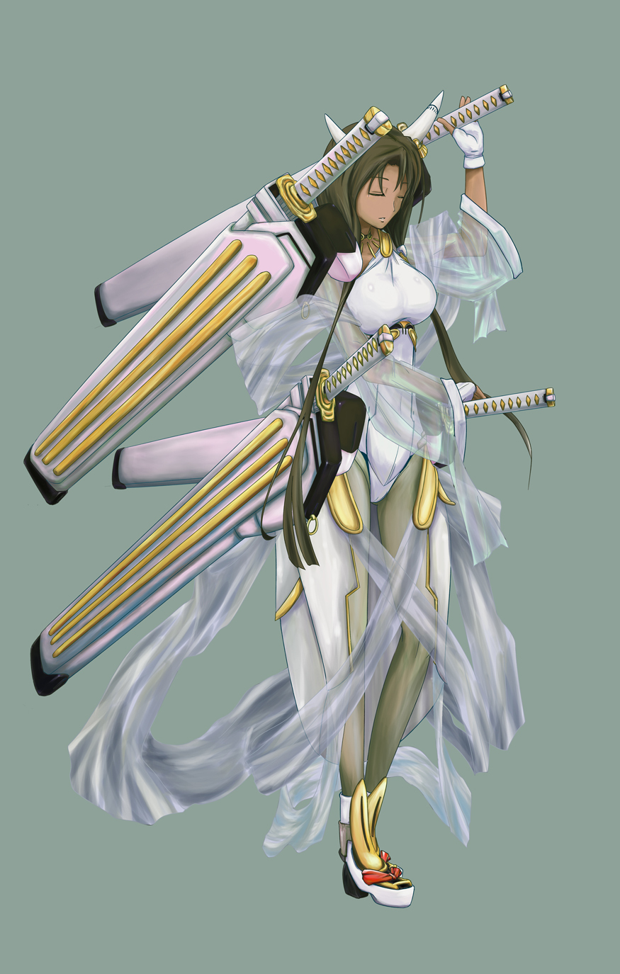 bodysuit, breasts, character_request, closed_eyes, dark_skin, eyes_closed, highres, horns