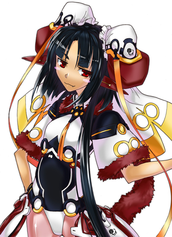 blush_stickers, bodysuit, character_request, flat_chest, kyoukai_senjou_no_horizon, minamoto_kurou_yoshitsune_(horizon), red_eyes, satomi_yoshiyasu