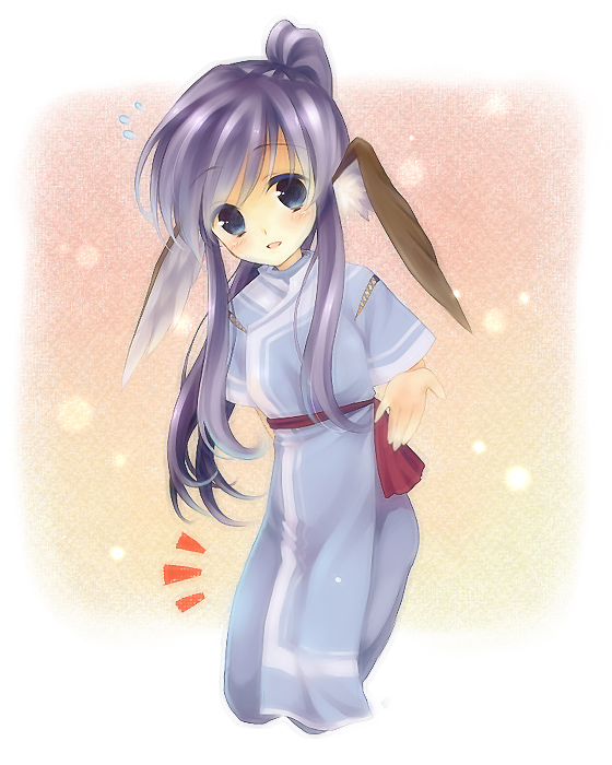 blue_eyes, dog_ears, japanese_clothes, kage_no_utage, long_hair, ponytail, purple_hair, touka_(utawareru_mono)