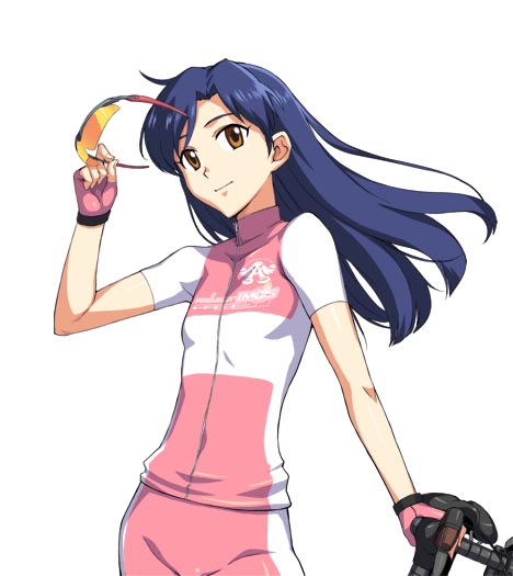 bike_shorts, blue_hair, brown_eyes, fingerless_gloves, gloves, idolmaster, kisaragi_chihaya, shimoigusa, skin_tight, sunglasses, takemura_sesshuu