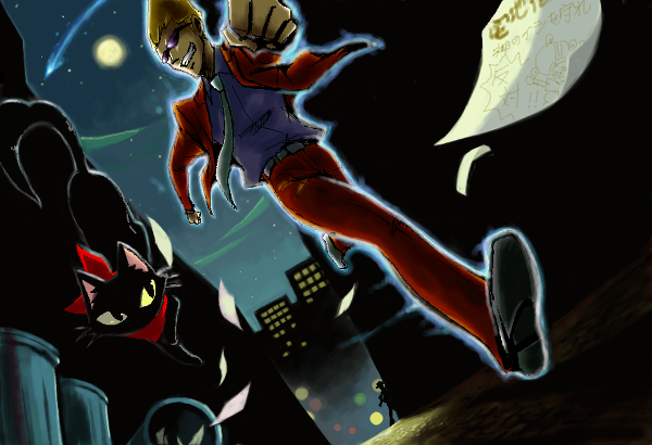 cat_(ghost_trick), city, comet, ghost_trick, grin, male, moon, necktie, night, night_sky, sissel, sky, smile, sunglasses, yomiel