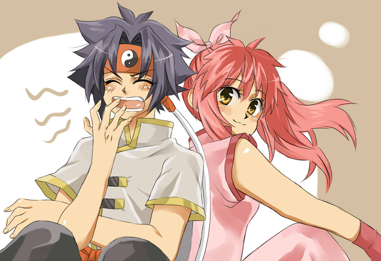 1girl, beyblade, black_hair, blush, chou_mao, closed_eyes, couple, eyes_closed