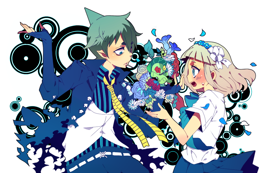 ao_no_exorcist, blonde_hair, blue_eyes, blush, bowtie, brown_eyes, candy, flower