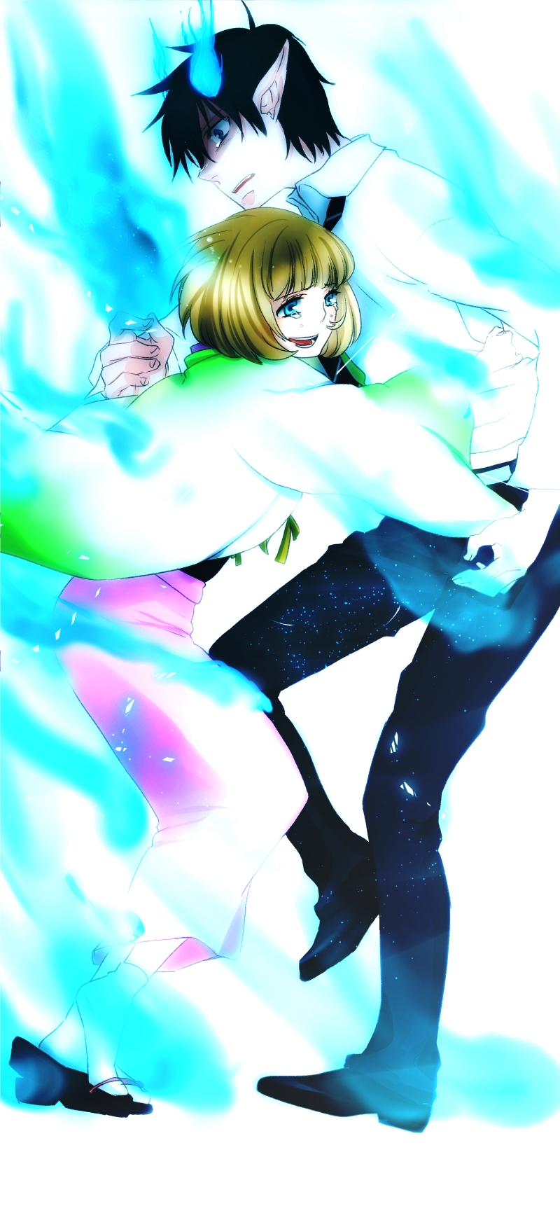 1girl, ao_no_exorcist, blonde_hair, blue_eyes, blue_hair, couple, fire, hana_(interstice), highres, hug, japanese_clothes, kimono, long_image, moriyama_shiemi, okumura_rin, school_uniform, short_hair, tall_image, tears