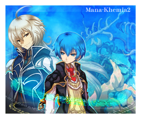 blue_eyes, blue_hair, brown_eyes, coat, gust, long_hair, male, mana_khemia, mana_khemia_2, multiple_boys, necktie, noraring, rewrich_wallach, rozeluxe_meitzen, title_drop, white_hair