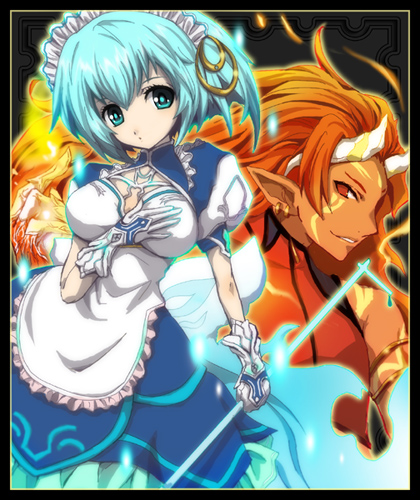 1girl, aqua_eyes, black_background, blue_dress, blue_hair, breasts, dress, fire