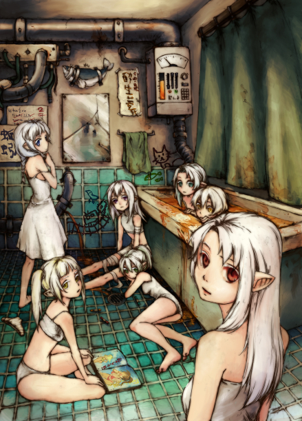 bandage, bandages, bare_shoulders, barefoot, bathroom, bathtub, broken_mirror, dirty