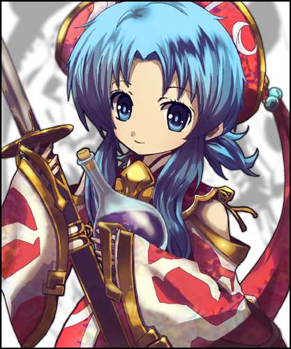 anna_laemmle, blue_eyes, blue_hair, detached_sleeves, flask, gust, hat, lowres