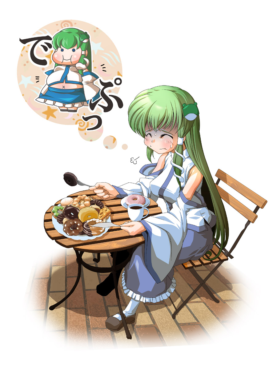 bare_shoulders, chamupei, coffee, contemporary, cup, detached_sleeves, doughnut, eating