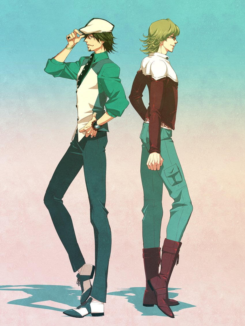 adjusting_hat, anth, barnaby_brooks_jr, blonde_hair, boots, bracelet, brown_eyes, brown_hair, facial_hair, glasses, green_eyes, highres, jacket, jewelry, kaburagi_t_kotetsu, leg_hug, male, multiple_boys, necklace, necktie, pouting, red_jacket, ring, short_hair, sitting, stubble, tiger_&amp;_bunny, vest, waistcoat, watch, wedding_band, wristwatch