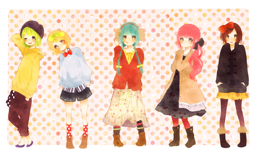 blonde, blue_hair, blush, boots, bow, braid, brown_hair, coat