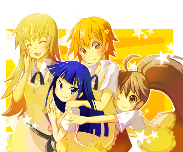 apron, blonde_hair, blue_eyes, blue_hair, blush, brown_hair, closed_eyes, eyes_closed
