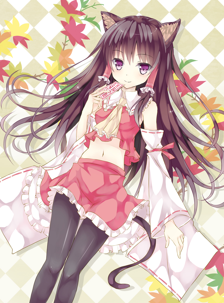 animal_ears, ascot, black_hair, black_legwear, brown_hair, cat_ears, cat_tail, checkered