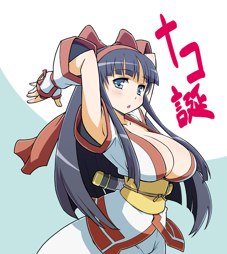 armpits, arms_up, black_hair, blue_eyes, blush, bow, breasts, cleavage