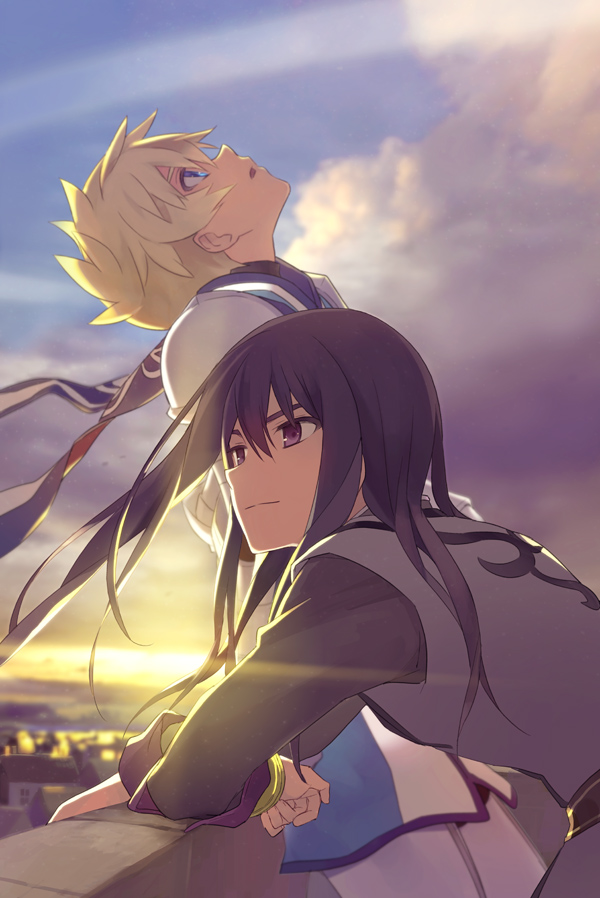 armor, black_eyes, black_hair, blonde_hair, blue_eyes, bracelet, flynn_scifo, jewelry, long_hair, male, motoko_(ambiy), multiple_boys, smile, tales_of_(series), tales_of_vesperia, yuri_lowell